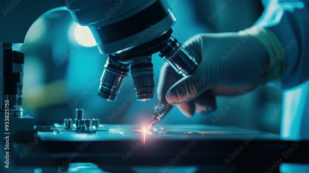 Aufkleber Close-up of a gloved hand using a microscope in a laboratory
