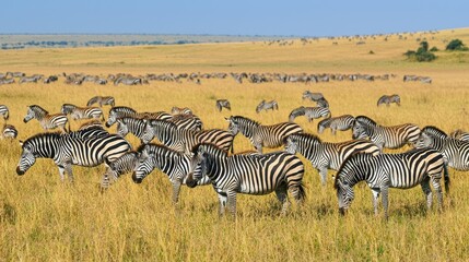 Fototapeta premium A large herd of zebras grazing on the plains, with a mix of adult zebras and young calves.