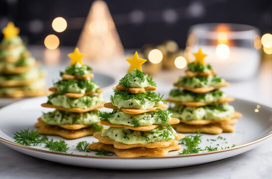Avocado Holiday Tree Bites. Cracker and avocado sauce appetizer in the shape of Christmas trees served on a white plate. Horizontal, side view. Festive atmosphere.