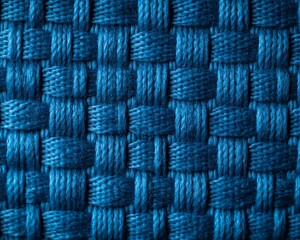 Closeup of blue woven fabric with a textured pattern.