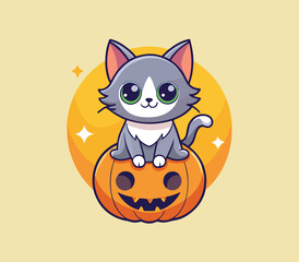 cat and pumpkin vector on yellow background