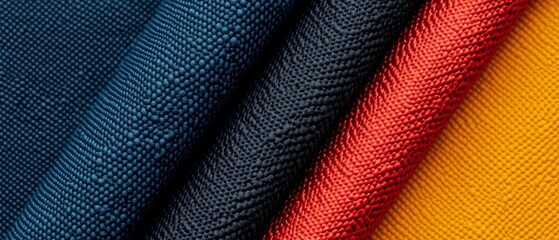 Close-up of four fabric swatches in blue, red, yellow and orange.
