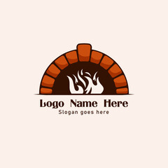 wood oven made up of bricks and blocks with fire burning inside. Logo can be used for restaurants and bakery. Food industry symbol can be used to show bbq or roasted foods. Icon for cooking outdoor.