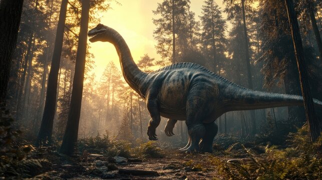 Dinosaur in a Misty Forest