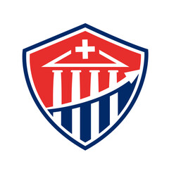 Medical advisory law firm logo for financial recovery of patients etc. Shield logo with capital city icon with a plus sign to show health care sector.