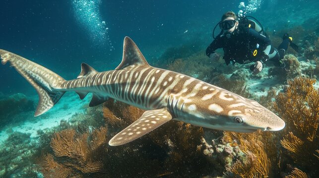 A diver observing a zebra shark in its natural habitat, showcasing its unique markings.