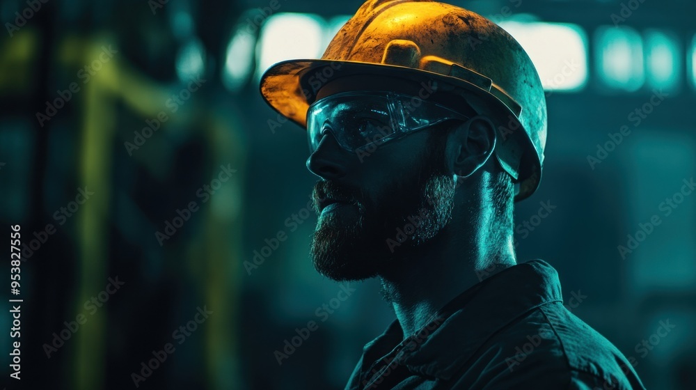 Poster close-up of a construction worker with a yellow hard hat and goggles