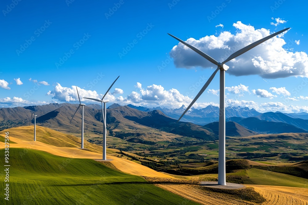 Poster energy illustration wind, turbines, and power generation visualized in a dynamic landscape where lar