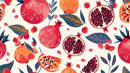whimsical pomegranate pattern with playful, hand-drawn pomegranates and abstract seed shapes.