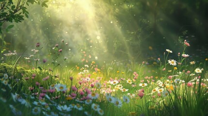 whimsical scene with wild flowers growing in a sun-dappled meadow, with soft light and gentle shadows creating a tranquil atmosphere