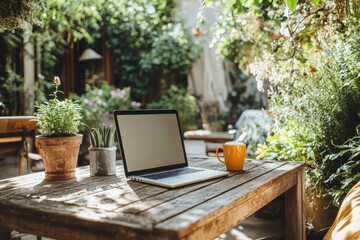 Laptop with blank screen placed on wooden desk near cup of coffee and plants in cozy backyard on sunny summer day