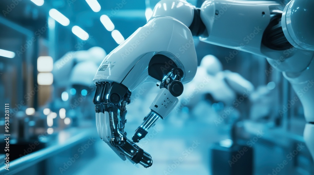 Poster a robotic arm with a metallic hand reaching out in a blue-toned factory setting