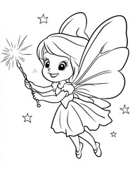 Cute fairy with magic wand and stars, perfect for coloring pages.