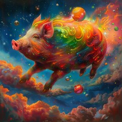 A psychedelic pig floats through a sea of stars.