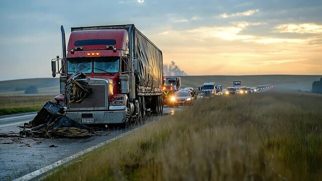 A huge truck broke down on a highway in an accident.