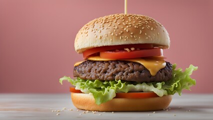 A hamburger with lettuce and tomato on a white table