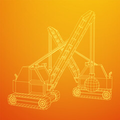 Wrecking ball excavator, demolition crane machine. Wireframe low poly mesh vector illustration