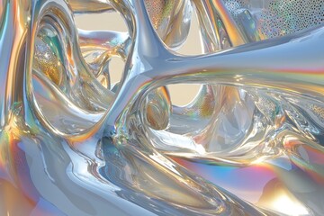 Fototapeta premium A mesmerizing abstract close-up of fluid metallic shapes reflecting light with vibrant colors and intricate details.