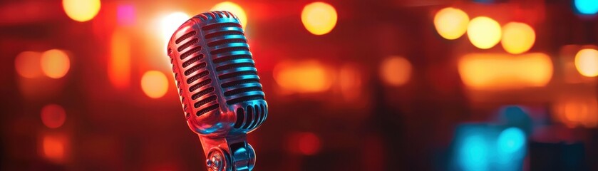 A vintage microphone stands ready against a vibrant, colorful backdrop, perfect for music and performance themes.