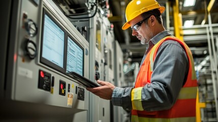 Industrial Worker Inspecting Control Panel with Laptop