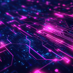 Fototapeta premium A vibrant digital circuit board design with glowing pink neon lines on a dark background, symbolizing technology and innovation.
