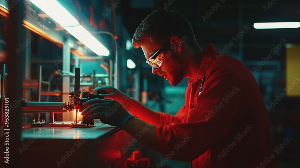 Poster A Man in Red Lab Coat Works on a Machine in a Dark Factory
