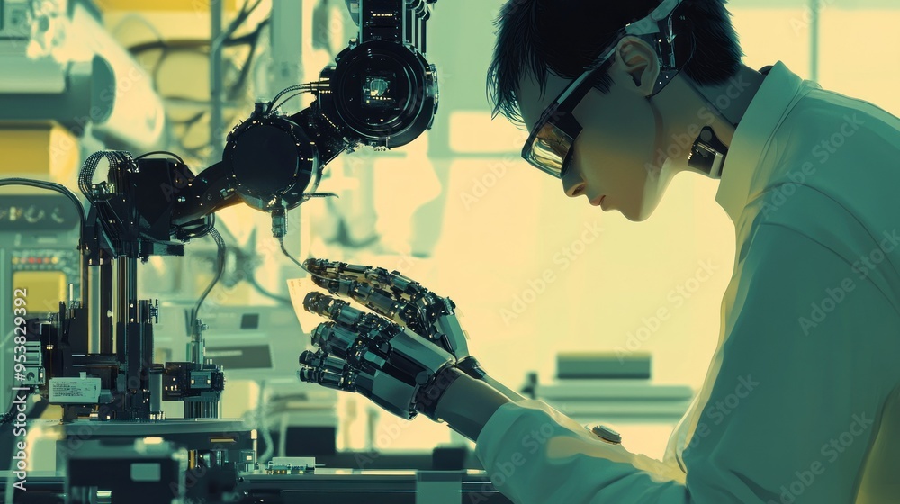Aufkleber Cyborg Engineer Working with Robotics in a Futuristic Lab