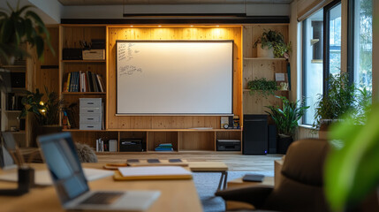A white board is on a wall in a room with a lot of plants