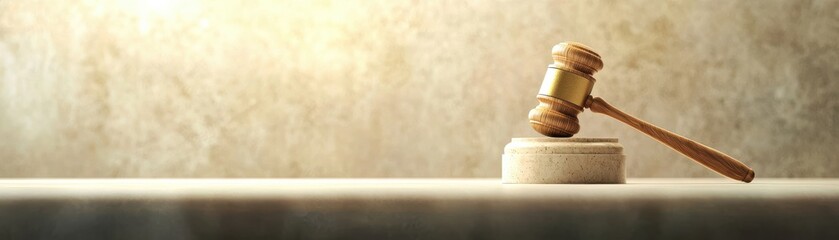 A wooden gavel rests on a podium, symbolizing justice and authority in a legal setting, with a soft, warm backdrop.