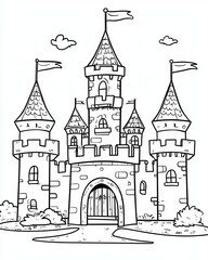 Obraz premium Cartoon illustration of a fairytale castle with towers and flags.