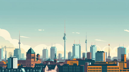 Obraz premium watercolor illustration, vintage postcard, German Unity Day, panorama of a modern German city, blue sky background, copy space, free space for text