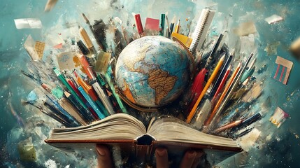 Open Book Surrounded by School Supplies and a Globe