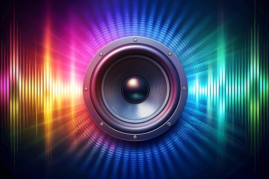 A bass music speaker vibrating with colored musical waves