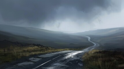 isolated road running through a misty, deserted moorland with rolling hills and distant, darkened sky