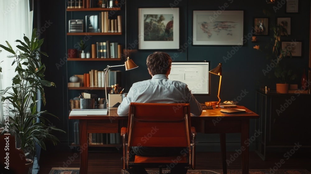 Poster man working at a desk in a home office
