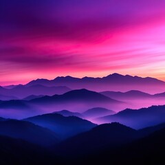 Obraz premium A breathtaking view of layered mountains during sunset, showcasing vibrant purple and pink skies with soft mist. Nature's beauty unveiled.