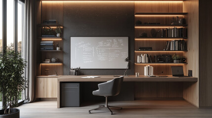 A modern office with a white board on the wall and a black chair