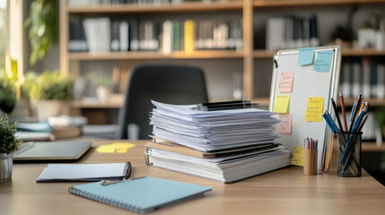 A desk with a white board and a stack of papers