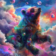 Colorful abstract painting of a bear in the clouds.