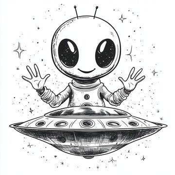 Cute alien in a UFO with open arms and a smile, hand-drawn illustration