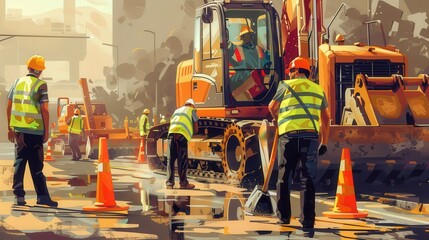road workers in reflective vests and hard hats operating heavy machinery on a busy construction site, with orange safety cones and equipment scattered around