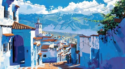 picturesque landscape of with its iconic blue-washed buildings set against the backdrop of the Rif Mountains.