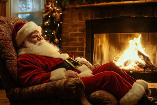 Santa is sitting in a chair by a fireplace. He is smiling and he is enjoying his time