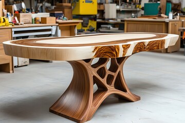 Handmade Furniture Carpentry, Bold, and Artisanal visualized in a craftsman&acirc;&euro;&trade;s workshop where bold, artisanal furniture pieces are being crafted, each one unique and full of character