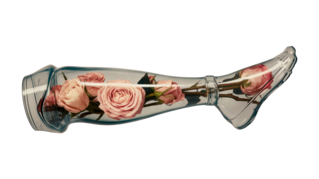 One Glass Prosthetic Leg Filled With Real Flowers, Transparent Prosthetics, Transparent Background, Fashion And Handisport Concept