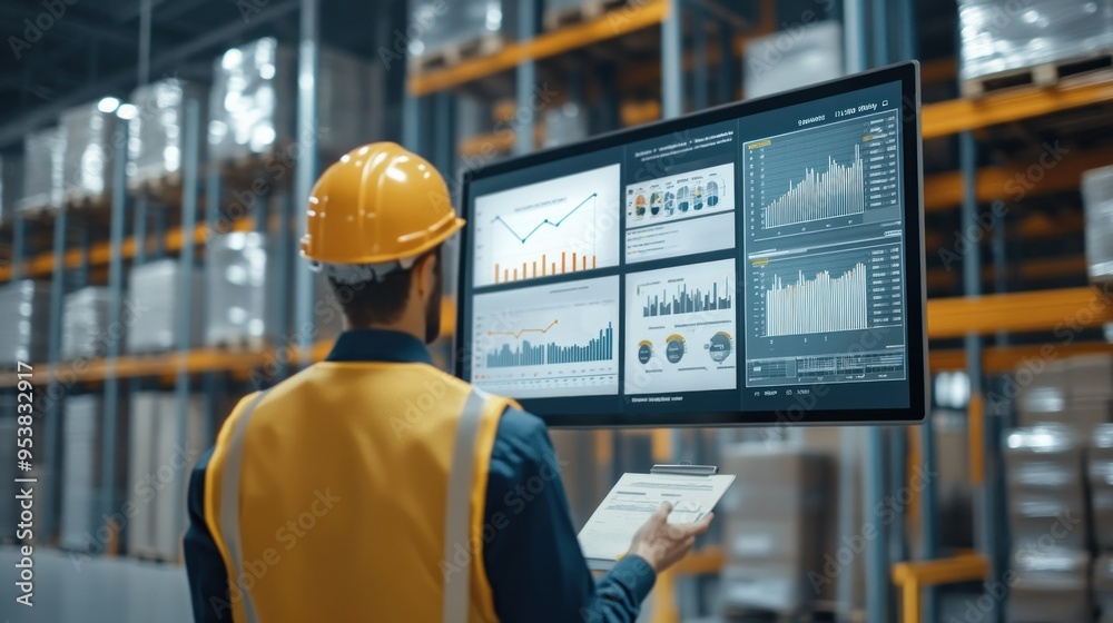 Poster Warehouse Worker Analyzing Data on a Large Monitor