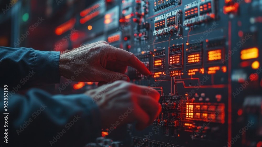 Poster a person's hands adjusting a control panel with red lights