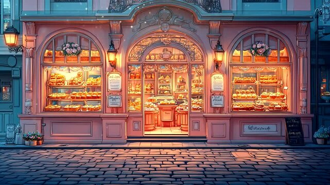 A charming bakery with a glowing storefront, displaying fresh pastries and bread in a quaint, cobblestone street. Urban evening concept. Seamless looping 4k time-lapse video background