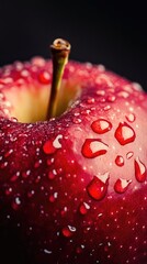 Close-up of a fresh red apple with water droplets on its surface, highlighting its vibrant color and texture against a dark background.