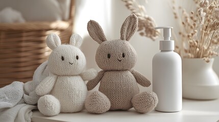 Beige and light brown knitted rabbits with skincare bottle in a soft natural light setting